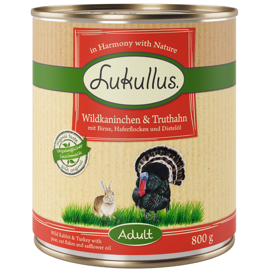 10 € alennusta! Lukullus-koiranruoka 12 x 800g - Adult villikani & kalkkuna