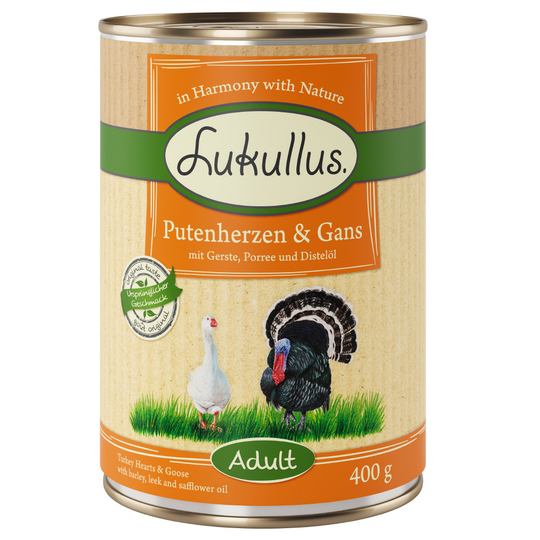 Lukullus-säästöpakkaus 24 x 400 g - kalkkunansydän ja hanhi