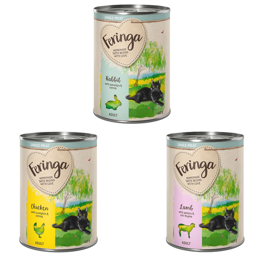 Kokoeilulajitelmat Feringa Single Meat 6 x 410 g - lajitelma I (3 makua): kana, kani, lammas