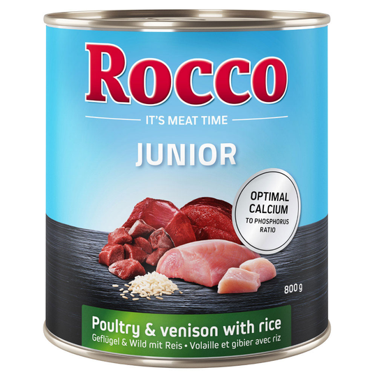 Rocco Junior 12 x 800 g - siipikarja & peura + riisi