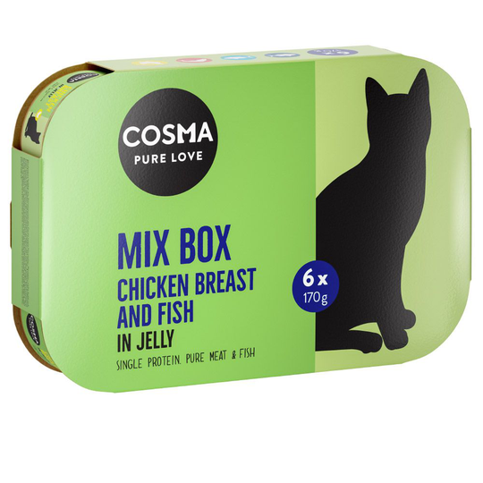 Cosma Original hyytelössä 6 x 170 g - lajitelma: Tyynenmeren tonnikala, boniitti, kananrinta ja lohi