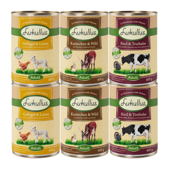 Lukullus-kokeilupakkaus 6 x 200/400 g, monta makua - 6 x 400 g (3 makua)