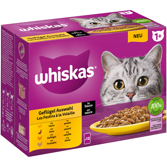 Whiskas 1+ Adult Pouches -lajitelma 12 x 85 g - siipikarjavalikoima kastikkeessa