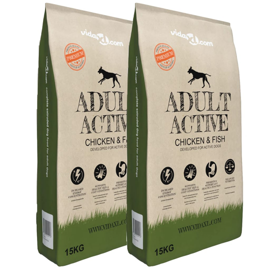 vidaXL "Adult Active Chicken & Fish" koiran kuivaruoka 2 kpl 30 kg