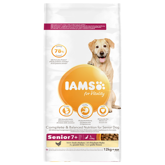 12 kg IAMS for Vitality Dog -koiranruoka: 10 + 2 kg kaupan päälle! - Senior & Mature Large Chicken