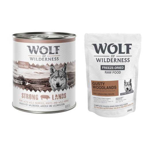 24 x 800 g Wolf of Wilderness + 250 g kylmäkuivattua raakaruokaa kaupan päälle! - Strong Lands - sika