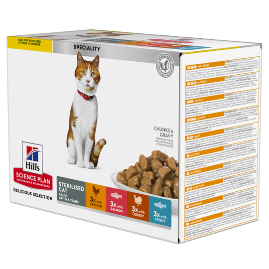 Hill's Science Plan -märkäruoka 9 + 3 kaupan päälle! - 12 x 85 g Young Adult Sterilised -lajitelma: Chicken, Salmon, Turkey, Trout