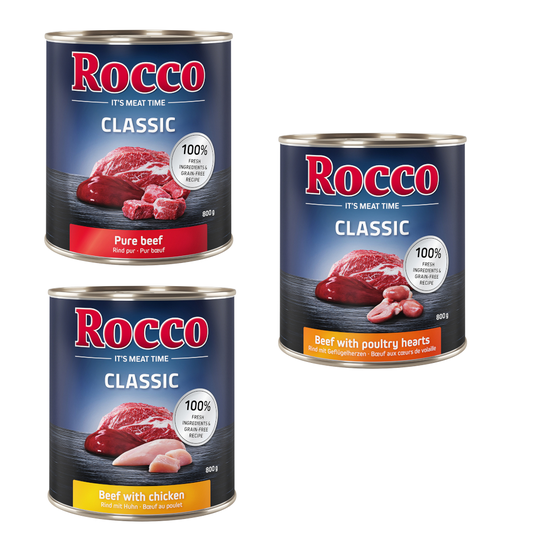 Rocco Classic -kokeilulajitelma 6 x 800 g - Siipikarjalajitelma: Nauta ja kana, Nauta ja siipikarjansydän, Nauta ja kalkkuna