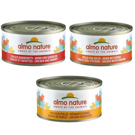 6 x 70 g Almo Nature, 3 makua - kanapaketti
