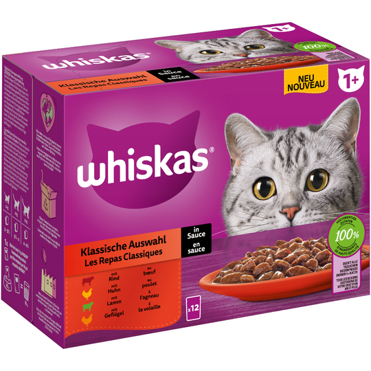 Whiskas 1+ Adult Pouches -lajitelma 12 x 85 g - perinteinen kastikevalikoima