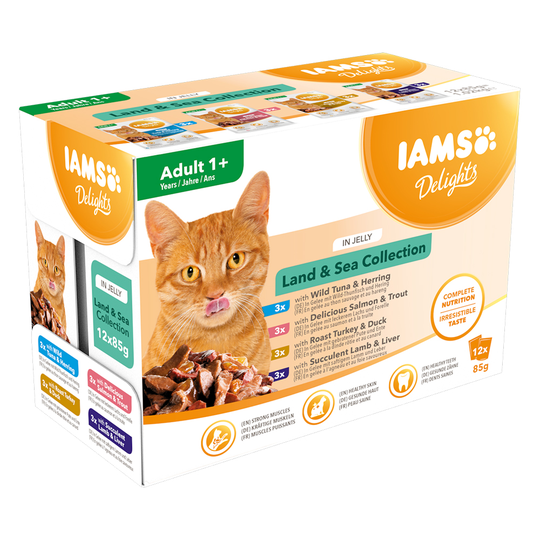 36 + 12 kaupan päälle! 48 x 85 g IAMS-kissanruokaa - Delights Adult: Land & Sea Mix in Jelly