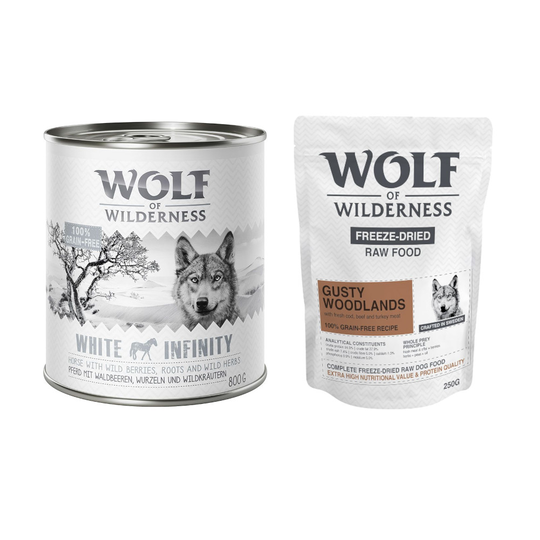 24 x 800 g Wolf of Wilderness + 250 g kylmäkuivattua raakaruokaa kaupan päälle! - White Infinity - hevonen