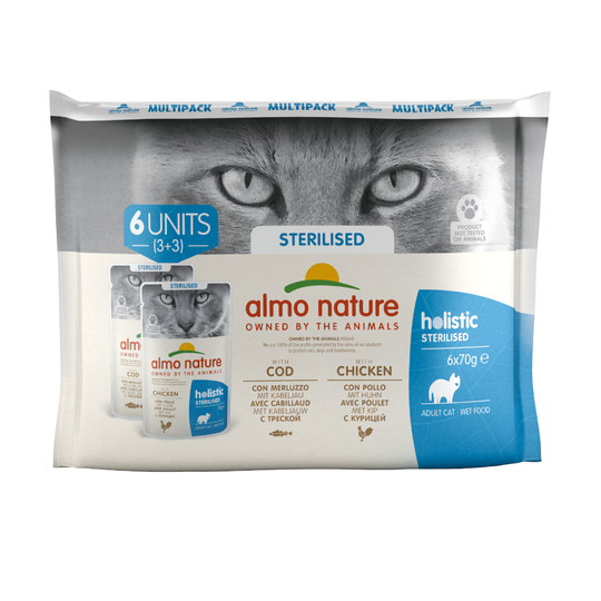 Almo Nature Holistic Sterilised 70 g - mix: 3 x kana ja 3 x turska