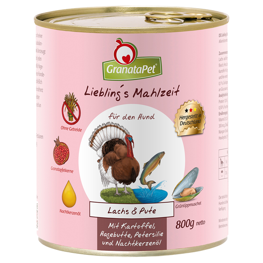GranataPet-säästöpakkaus 24 x 800 g - lohi ja kalkkuna & peruna, ruusunmarja, persilja ja helokkiöljy