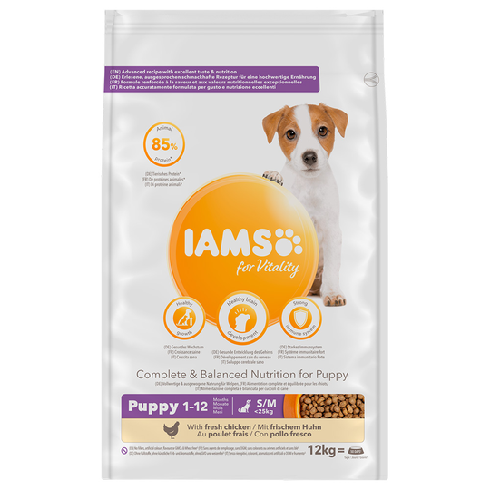 12 kg IAMS for Vitality Dog -koiranruoka: 10 + 2 kg kaupan päälle! - Puppy & Junior Small / Medium Chicken