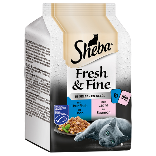 6 x 50 g Sheba-pussiruoat erikoishintaan! - Fresh & Fine: tonnikala & lohi hyytelössä
