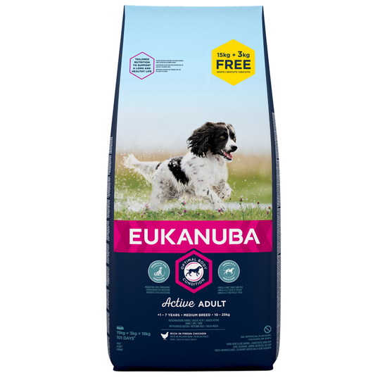 Eukanuba-kuivaruoka 15 + 3 kg kaupan päälle! - Active Adult Medium Breed Chicken