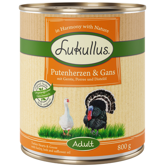 10 € alennusta! Lukullus-koiranruoka 12 x 800g - Adult kalkkunansydän & hanhi