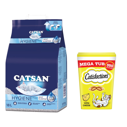 18 l Catsan-kissanhiekkaa + 2 x 350 g Dreamies-kissanherkkuja erikoishintaan! - Hygiene plus -kissanhiekka + juustoherkut