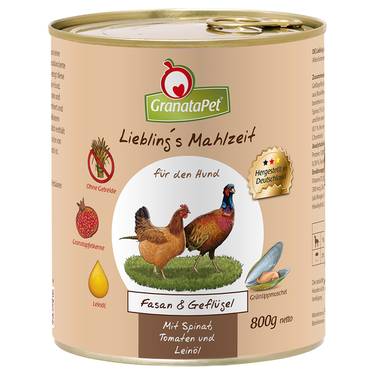 GranataPet 12 x 800 g - fasaani ja siipikarja & pinaatti, tomaatti ja pellavaöljy