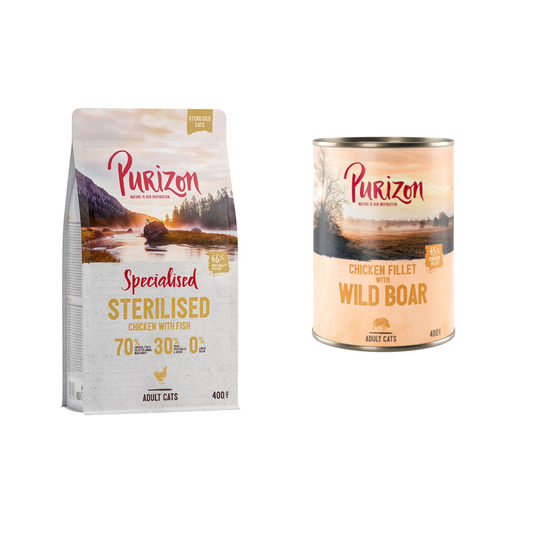 24 x 400 g Purizon Adult + 400 g kuivaruokaa kaupan päälle! - kanafilee & villisika + Sterilised Chicken & Fish