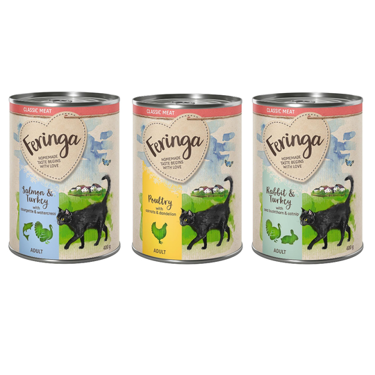 Kokeilulajitelmat Feringa Classic Meat 6 x 400 g - lajitelma 1: kani & kalkkuna, siipikarja, lohi & kalkkuna