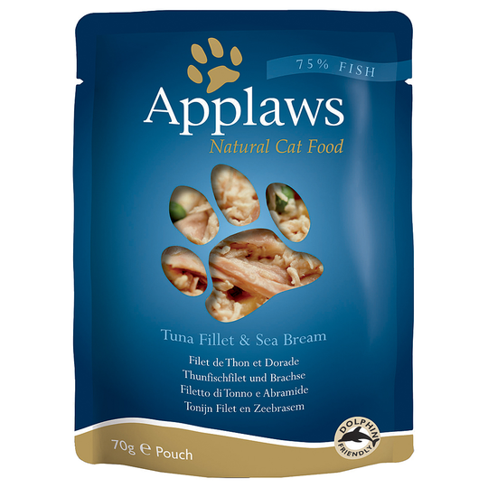 Applaws Pouch in Broth -kissanruoka 12 x 70 g - tonnikalafileet & kultaotsa-ahven