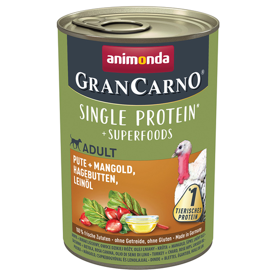 Animonda GranCarno Adult Superfoods 6 x 400 g - kalkkuna + mangoldi, ruusunmarja, pellavaöljy
