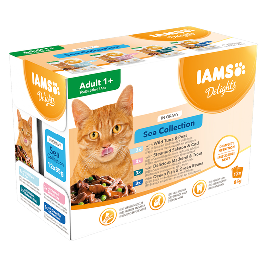 36 + 12 kaupan päälle! 48 x 85 g IAMS-kissanruokaa - Delights Adult: Sea Mix in Sauce
