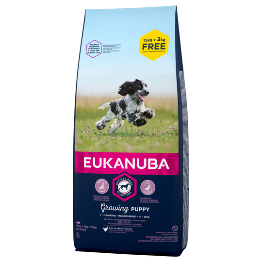 Eukanuba-kuivaruoka 15 + 3 kg kaupan päälle! - Growing Puppy Medium Breed Chicken