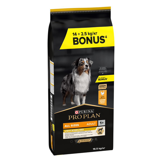 Purina Pro Plan koiranruoka 12/14 kg + 2/2,5 kg kaupan päälle! - Adult Light/Sterilised OptiWeight - Chicken (14 kg + 2,5 kg)