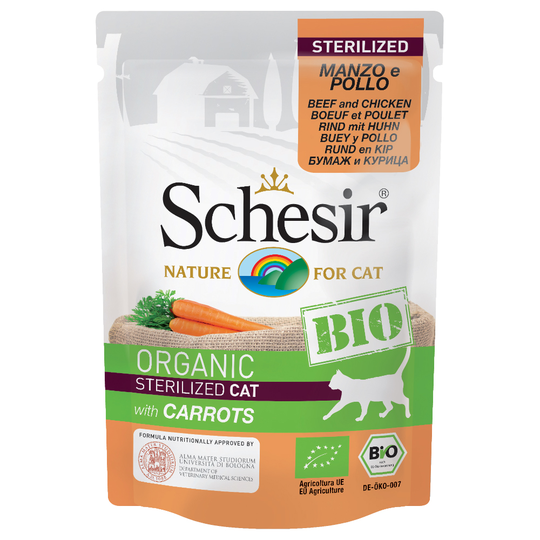 Schesir Organic Pouch 6 x 85 g - Sterilised, luomunauta, luomukana ja luomuporkkana