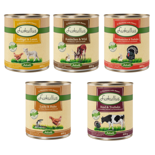 10 € alennusta! Lukullus-koiranruoka 12 x 800g - Adult-lajitelma