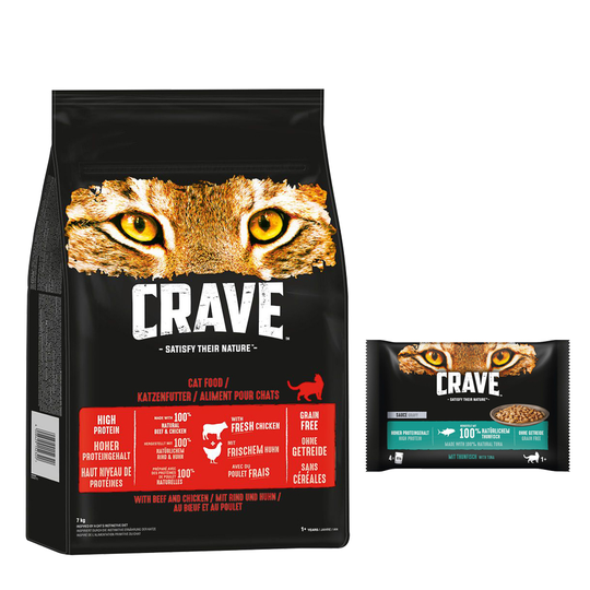 7 kg Crave-kuivaruokaa + 4 x 85 g märkäruokapusseja erikoishintaan! - Beef & Chicken + tonnikalakastike