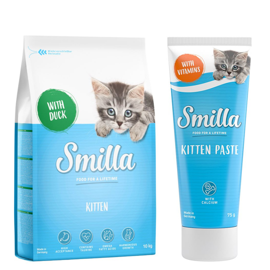 Erikoishintaan! Smilla Kitten -aloituspaketti: ankanmakuinen kuivaruoka + herkku 75 g - ankka 10 kg + tahna 75 g