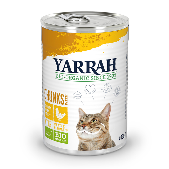 Yarrah Organic Chunks 6 x 405 g - luomukana, luomunokkonen & luomutomaatti kastikkeessa