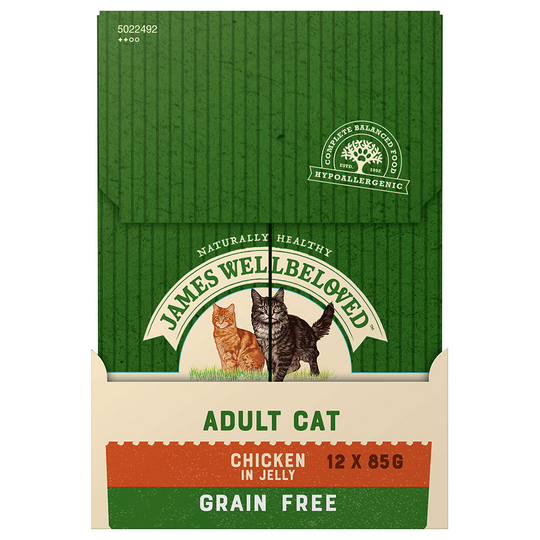12 x 85 g James Wellbeloved Grain Free -kissanruokaa erikoishintaan! - Grain Free Adult, kanaa hyytelössä