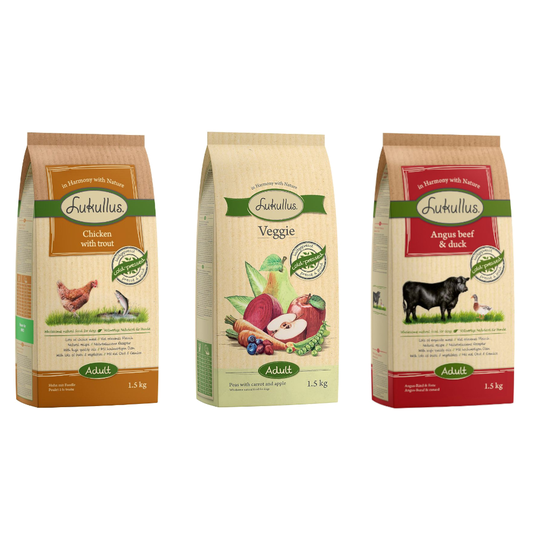 3 x 1,5 kg sekoituspaketti: Lukullus-kuivaruoka erikoishintaan! - mix: kana & taimen + Angus-nauta & ankka + Veggie
